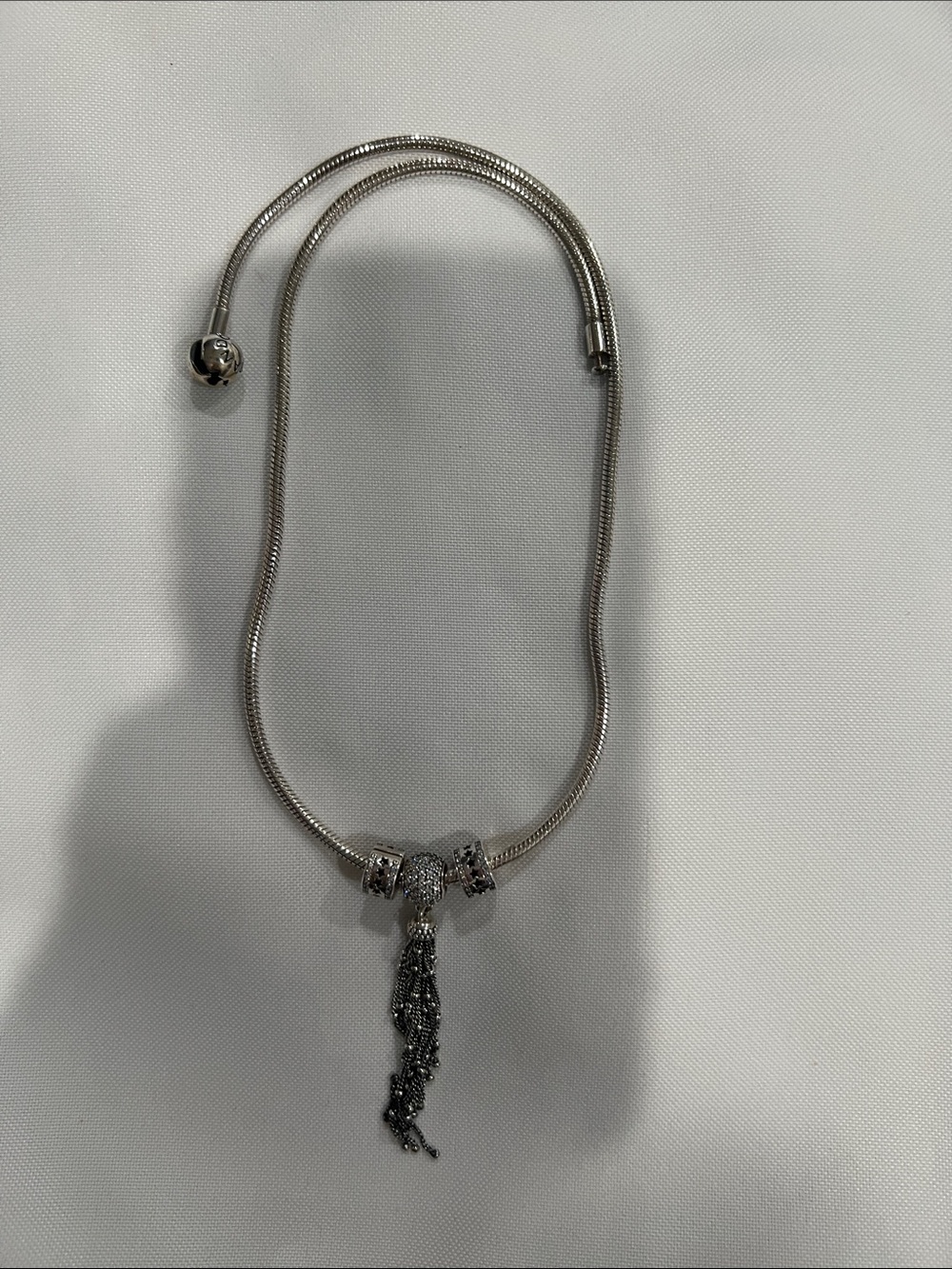 Pandora Silver Snake Chain Necklace with Tassel and Charm Beads